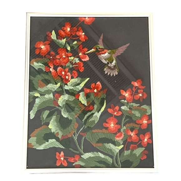 Vtg Completed Framed Embroidered Les Didier Ruby Throated Hummingbird & Begonias - Picture 6 of 8
